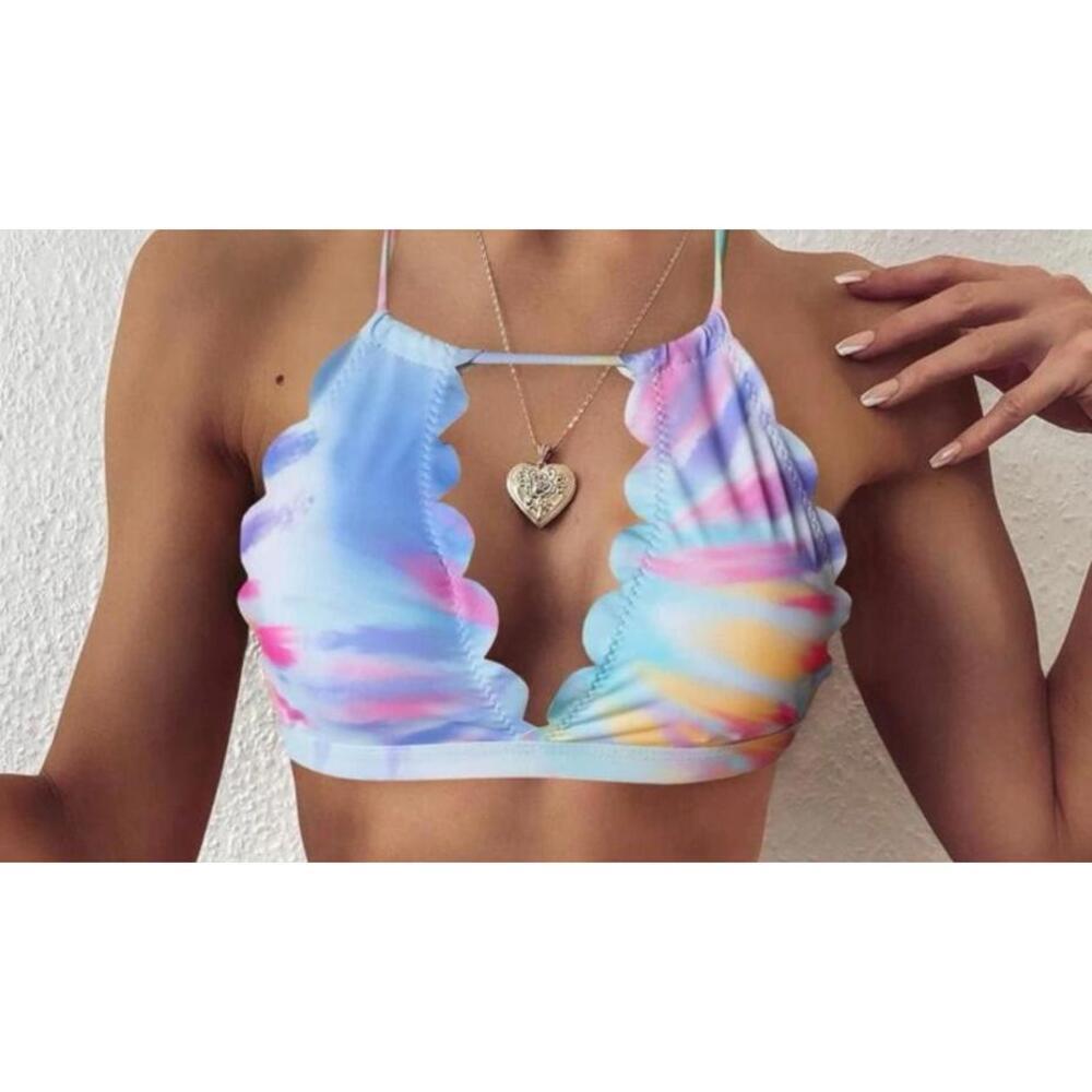 Tie Dye Scalloped Halter‎ Bikini Top Pastel Rainbow Beach Swimwear